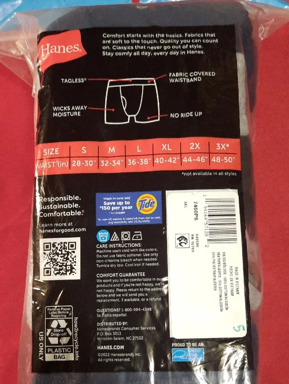 Hanes 6-Pack Tagless Boxer Briefs - Black & Navy & Gray 3XL